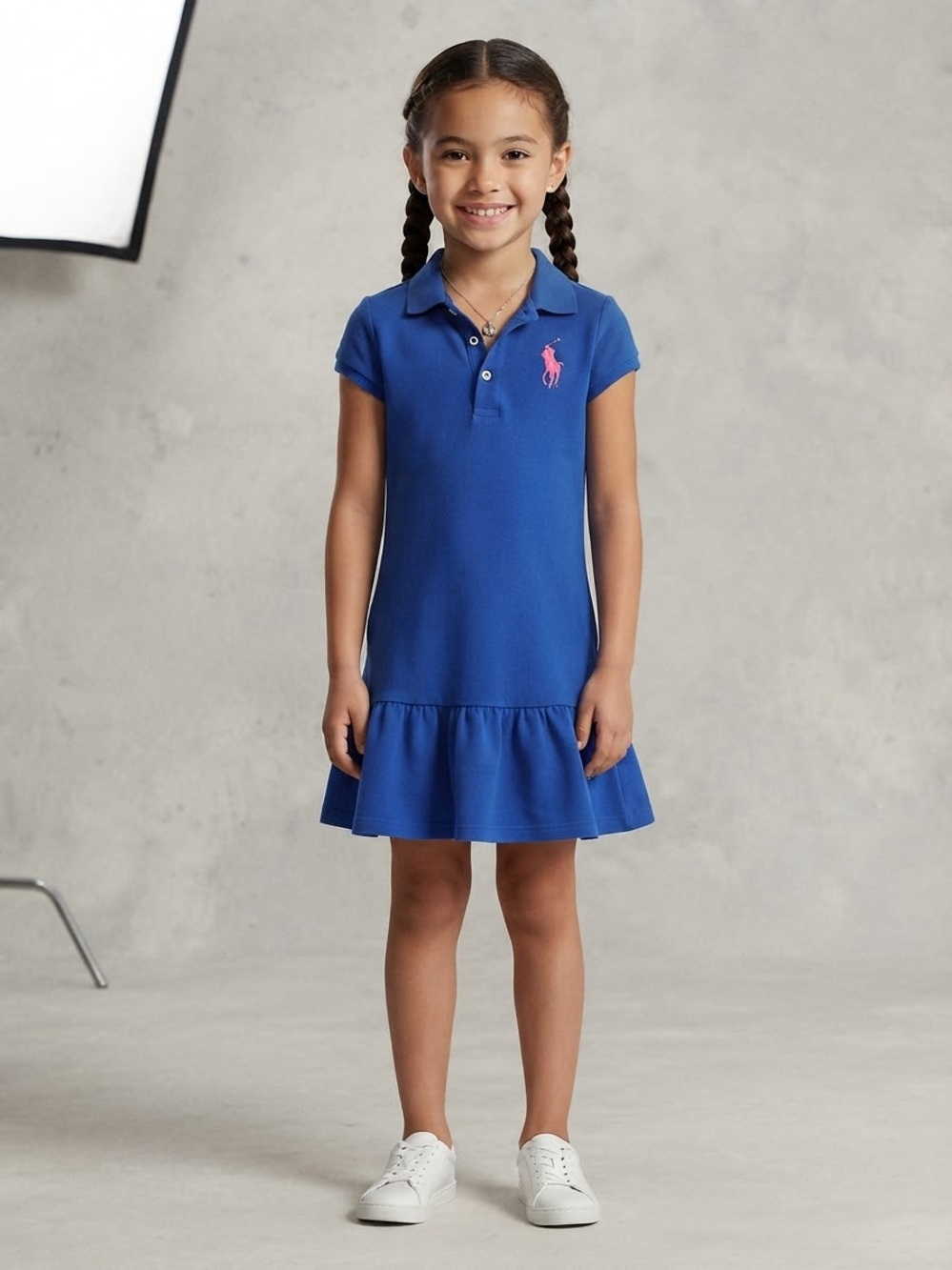 Polo Ralph Lauren Girls Blue Polo Ruffle Dress Size 6X Pink Pony Short Sleeve
